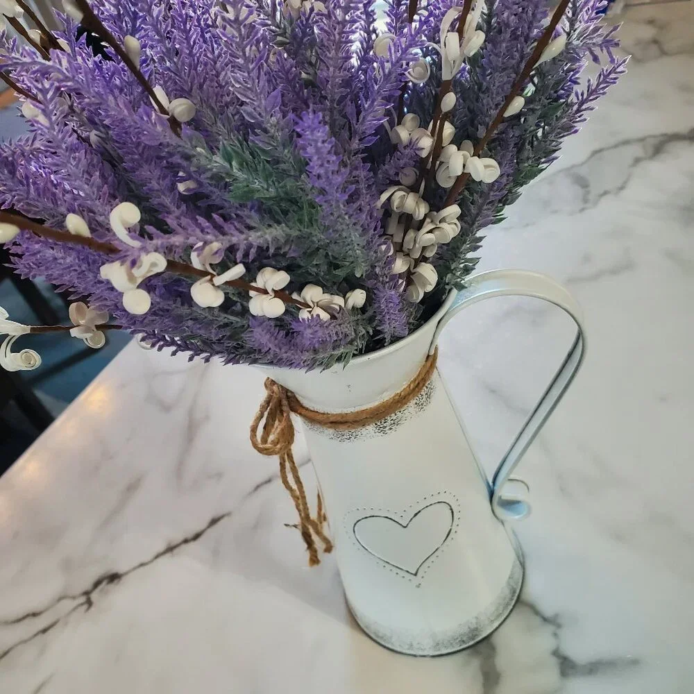 Lavender Artificial Flowers in Decorative Flower Pitcher